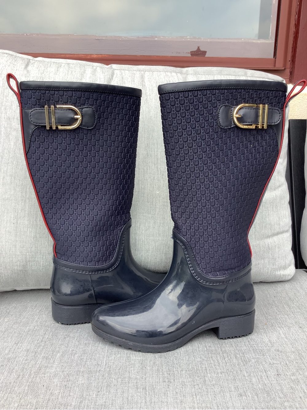 Tommy Hilfiger Navy Quilted Mid-Calf Rain Boots with Red Piping and Gold Buckles